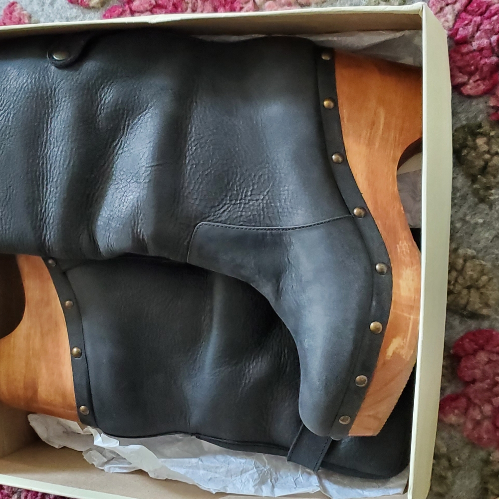 Black Leather Clogs with Wooden Soles
